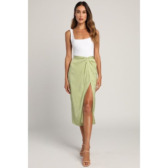 Lulus Chic Find Sage Green Satin Jacquard Knot Front Midi Skirt - Size XS - Picture 1 of 3